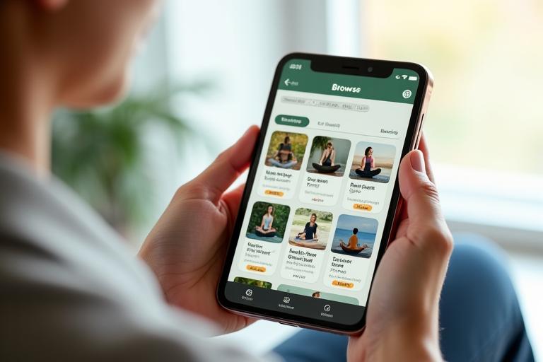 O interfață de aplicație mock-up pe o tabletă, afișând un ecran de navigare pentru cursuri de yoga digitale, cu filtre pentru nivel și durată, ilustrând ușurința de utilizare.