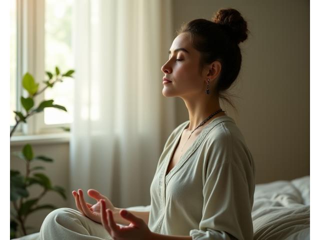 O persoană meditând într-o postură liniștită, cu o lumină caldă care o învăluie, într-un spațiu ordonat și natural, simbolizând pacea interioară.